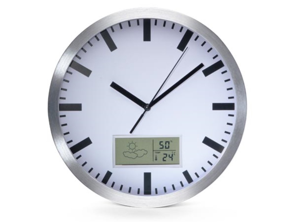 Velleman ALUMINIUM WANDKLOK MET LCD-DISPLAY EN THERMOMETER HYGROMETER&WEERSVOORSPELLING -Ø 25 cm