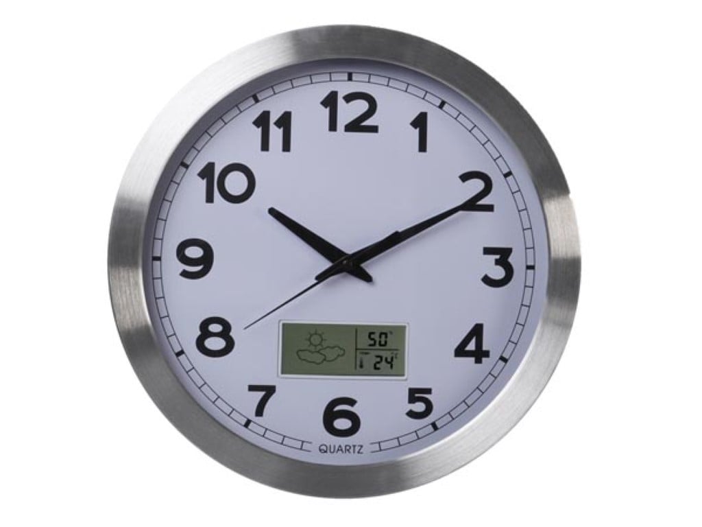 ALUMINIUM WANDKLOK MET LCD-DISPLAY EN THERMOMETER, HYGROMETER & WEERSVOORSPELLING - Ø 35 cm afbeelding