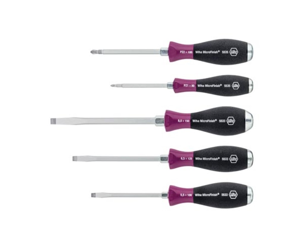 Wiha Schroevendraaierset MicroFinish Sleufkop, Pozidriv met doorgaande zeskantschacht en massieve stalen kap 5-delig (29139)