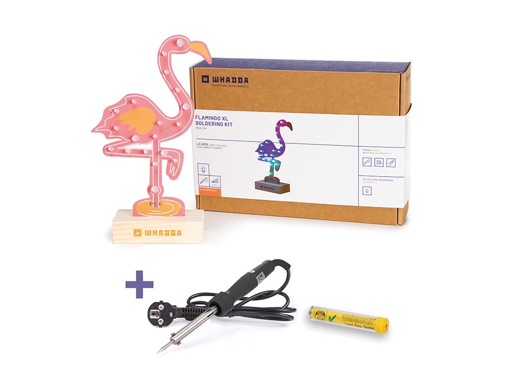 XL flamingo soldeer kit, promo set met gratis soldeerbout en soldeertin, educatief en creatief DIY elektronica project afbeelding
